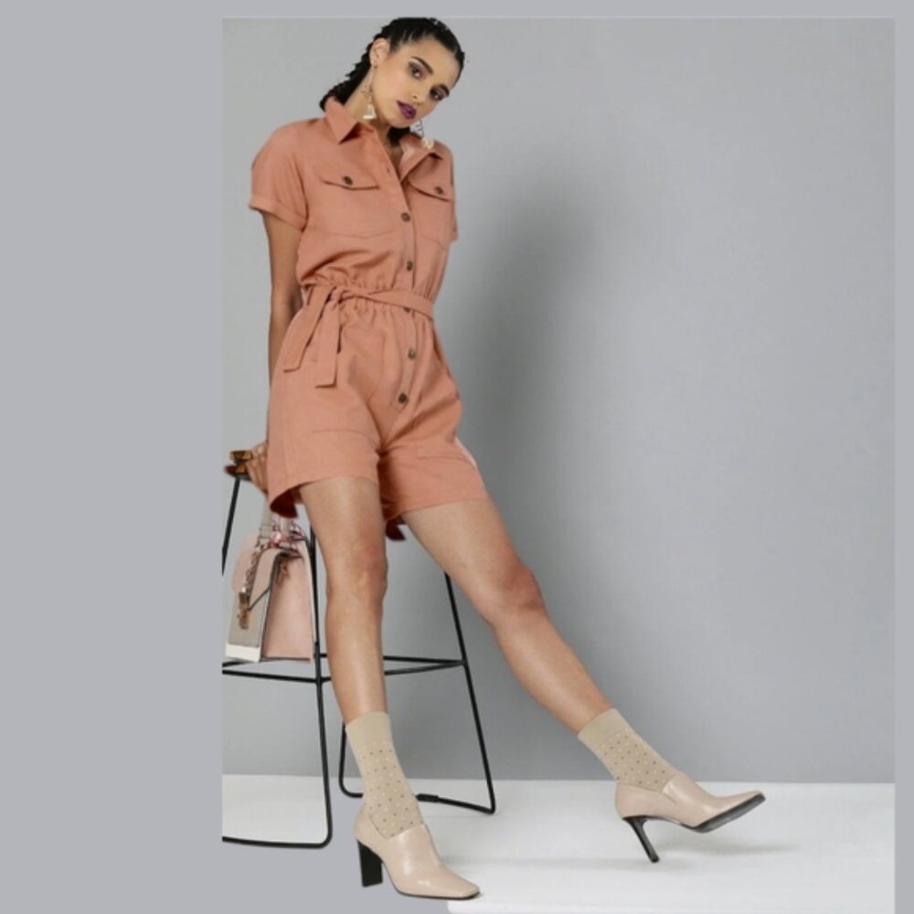 Sassafras Coral Pink Denim Jumper Playsuit- Size Small- New without tags - Picture 4 of 9